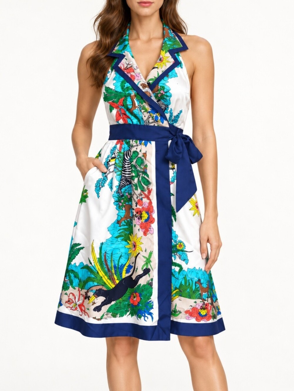 Tibi Silk Tropical Jungle Print Wrap Halter Dress Resort Luxury Safari Size 4